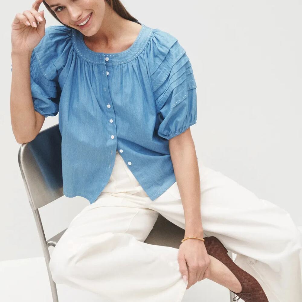Fifteen Twenty Blue Peasant Top XS Cottagecore Cotton Chambray Designer $192